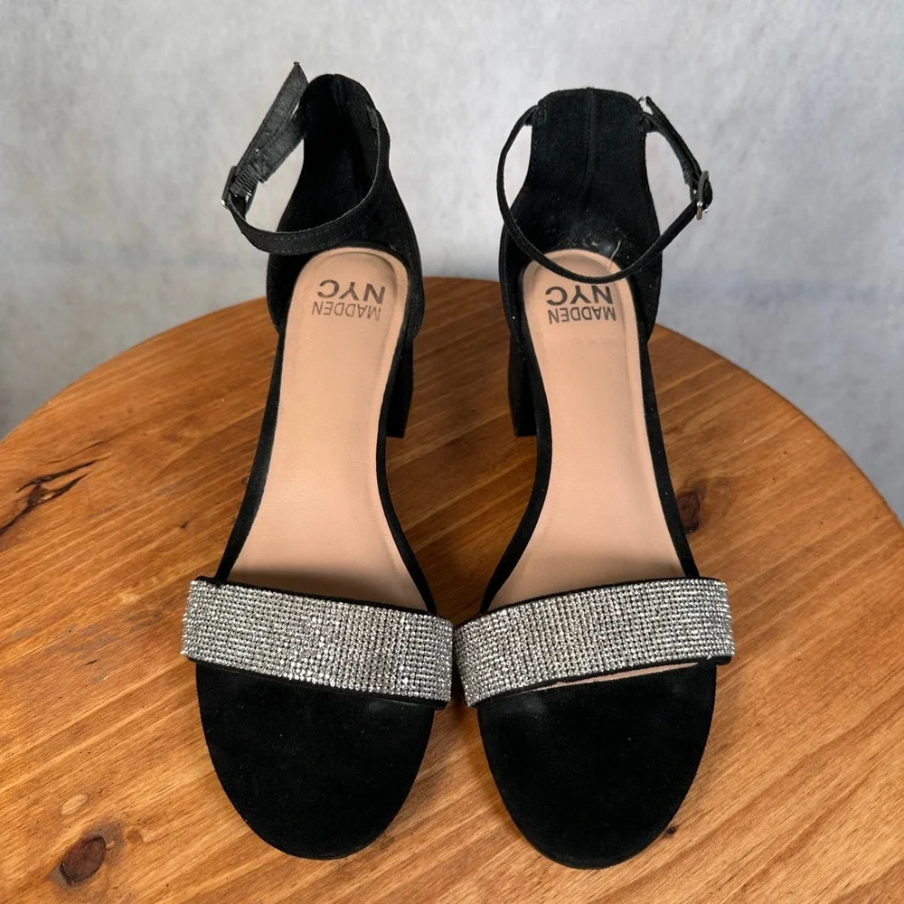 Madden NYC Block Heel Sandals Womens 10 Black Rhinestone Good Strappy Heels